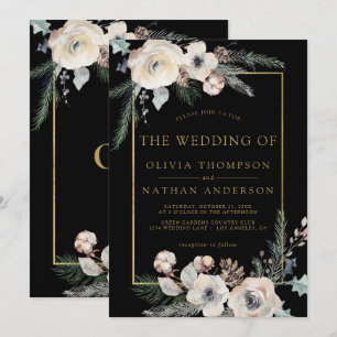 Invitation Mariage Cadre Floral Pin Rustique Hiver Noir Or