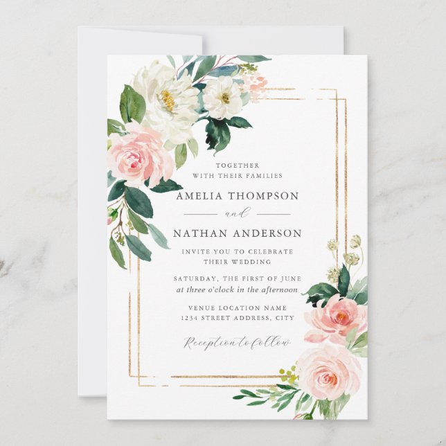 Invitation Mariage Cadre Floral Rose Doré (Devant)