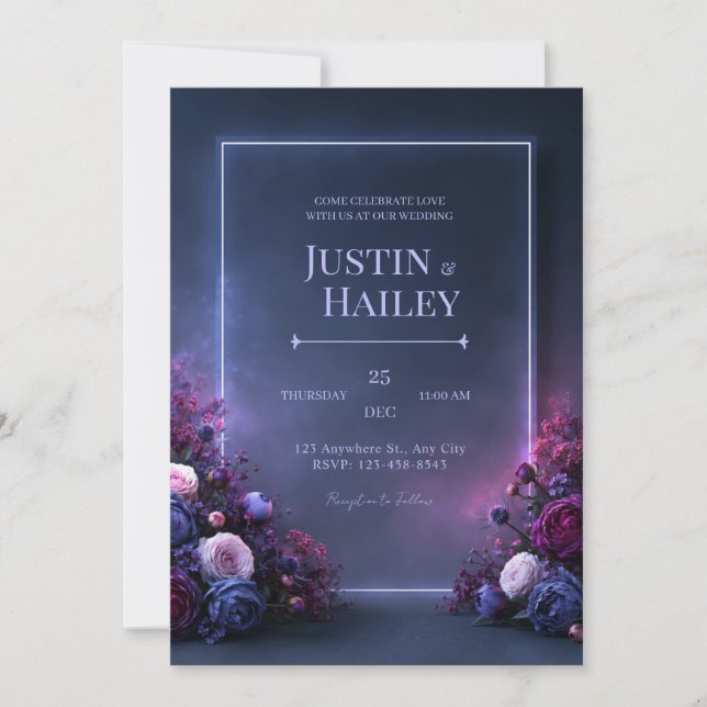 Invitation Mariage Cadre Floral Violet de Minuit (Devant)