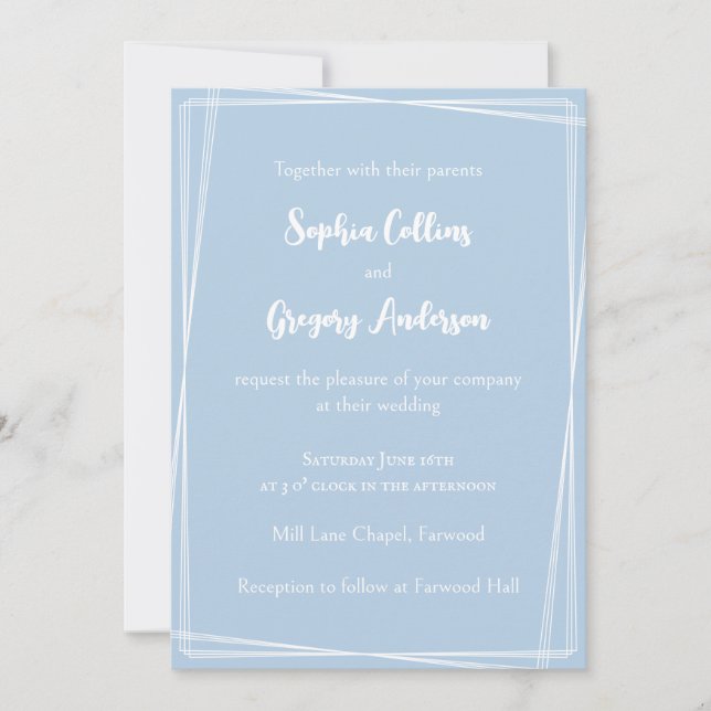 Invitation Mariage cadre géométrique écriture stylée bleu cla (Devant)