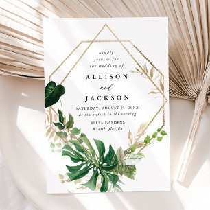 Invitation Mariage Cadre Géométrique Or Feuilles Tropicales
