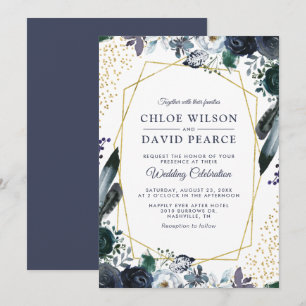 Invitation Mariage cadre géométrique orné de pivoines bleues