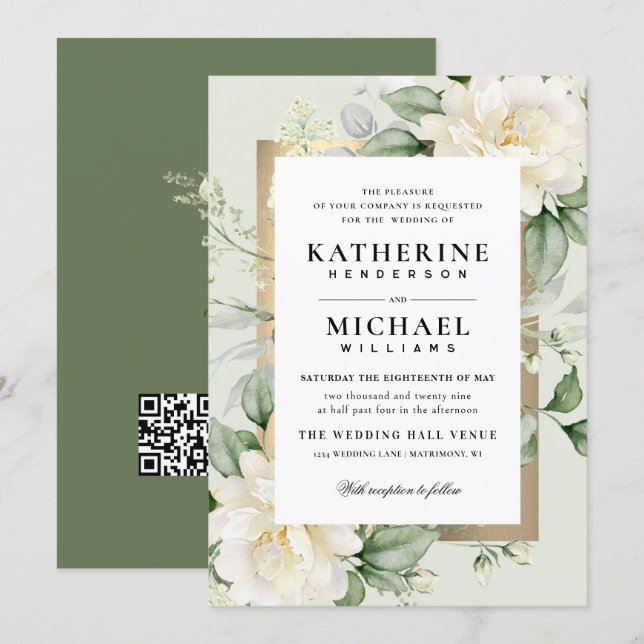 Invitation Mariage Cadre Ivoire & Or à la Sauge Eucalyptus Ro (Devant / Derrière)