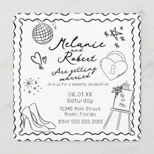 Invitation Mariage cadre noir et blanc Doodles capricieux