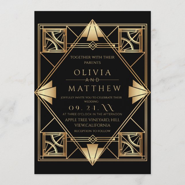 Invitation Mariage Cadre Noir Or Art Déco (Devant)