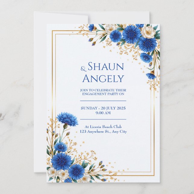 Invitation Mariage cadre or bleu royal fleur de maïs (Devant)
