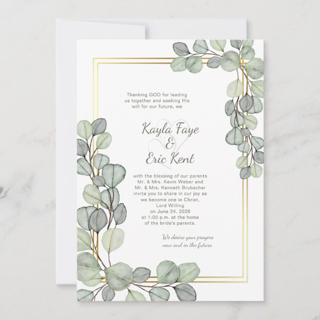 Invitation Mariage Cadre Or Eucalyptus Vert Sauge (Devant)