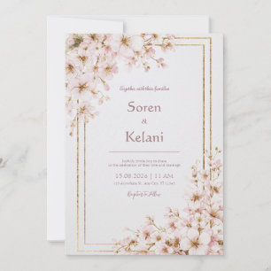 Invitation Mariage Cadre Or Fleur de Cerisier Rose Rougissant