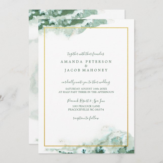 Invitation Mariage cadre or Ombre en marbre vert (Devant / Derrière)