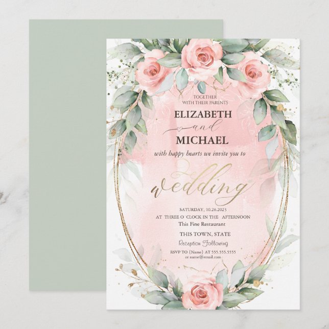 Invitation Mariage Cadre Or Roses Rose Pâle (Devant / Derrière)