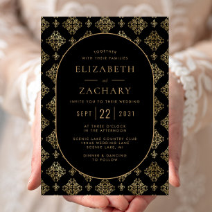 Invitation Mariage cadre ovale noir or Damas vintage