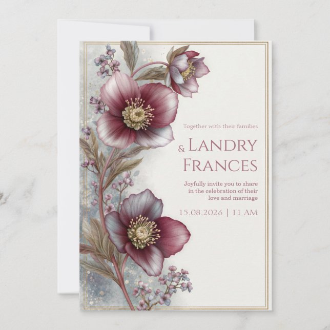 Invitation Mariage Cadre Pailletté Or Hellebore Prune Profond (Devant)