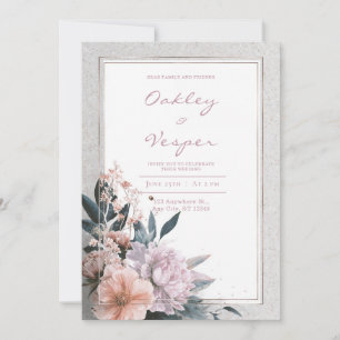 Invitation Mariage Cadre Rose Doré Élégant Fleur de Pivoine R