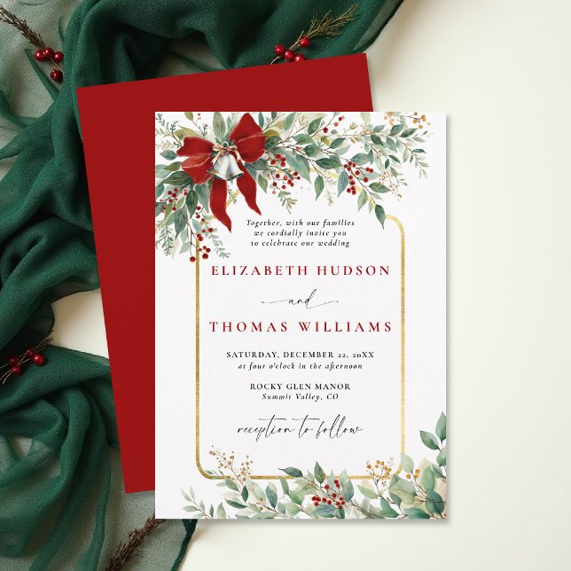 Invitation Mariage Cadre Rustique Cloches Ruban Rouge Verdure (christmas wedding invitation card template design winter greenery botanical rustic chic frame)