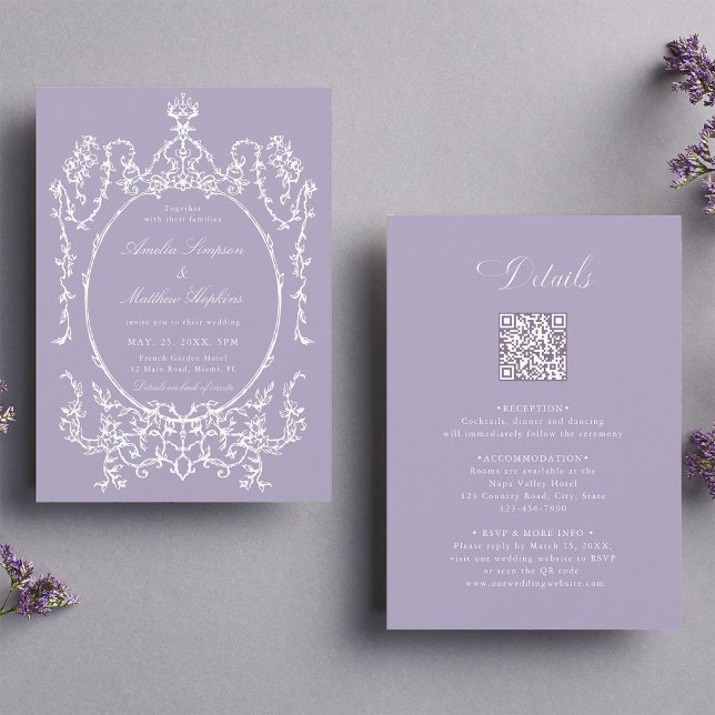 Invitation Mariage Cadre Violet Tout en Un               (Front & Back)