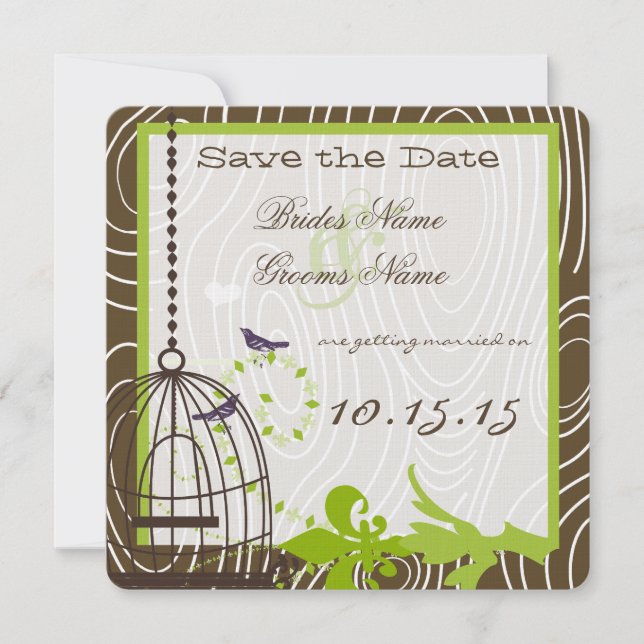 Invitation Mariage Cage à Oiseaux Fantaisie Vert Pomme Bois d (Devant)