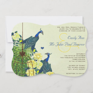 Invitation Mariage Cage à Oiseaux Paon Vintage Navy & Jaune