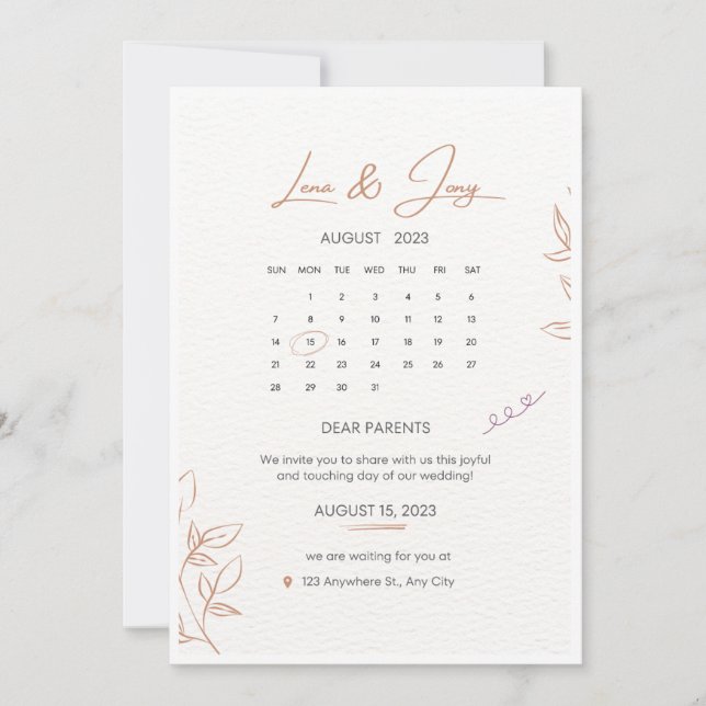 Invitation Mariage Calendrier Minimaliste Blanc Et Beige Invi (Devant)