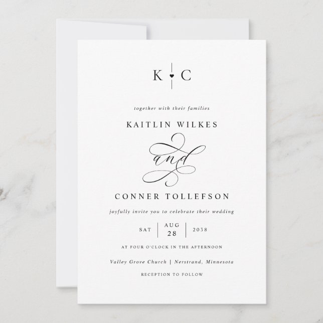 Invitation Mariage calligraphié au monogramme romantique (Devant)