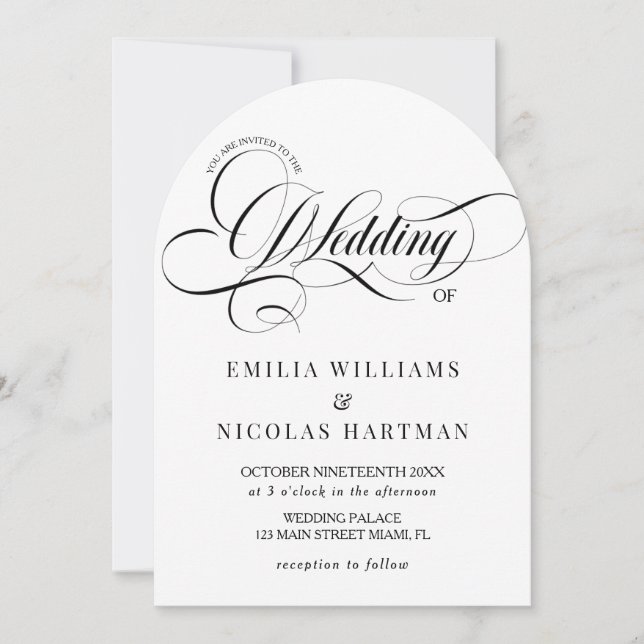 Invitation Mariage calligraphié blanc et noir (Devant)