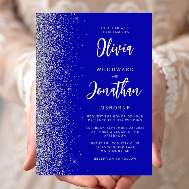 Invitation Mariage Calligraphie Bleu Royal Pailleté Argent (Créateur téléchargé)