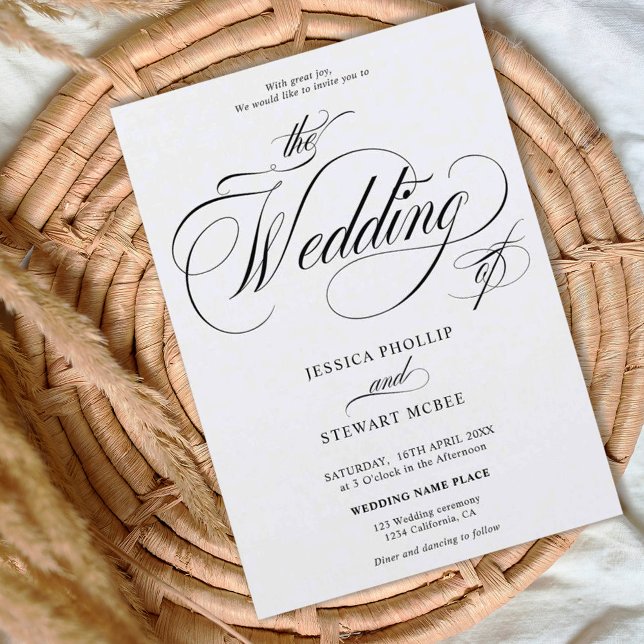 Invitation Mariage calligraphié chic noir et blanc tout-en-un (Chic black white all in one calligraphy wedding invitation)