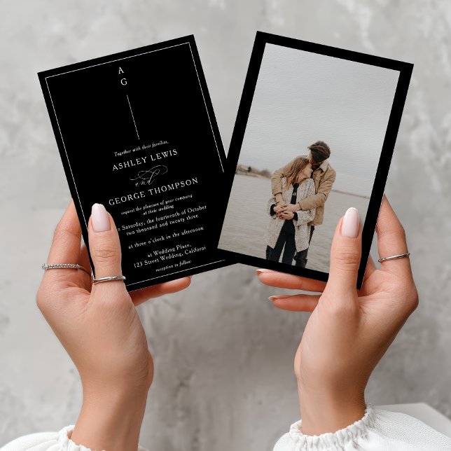 Invitation Mariage calligraphié classique blanc noir (Classic white black photo calligraphy wedding invitation)
