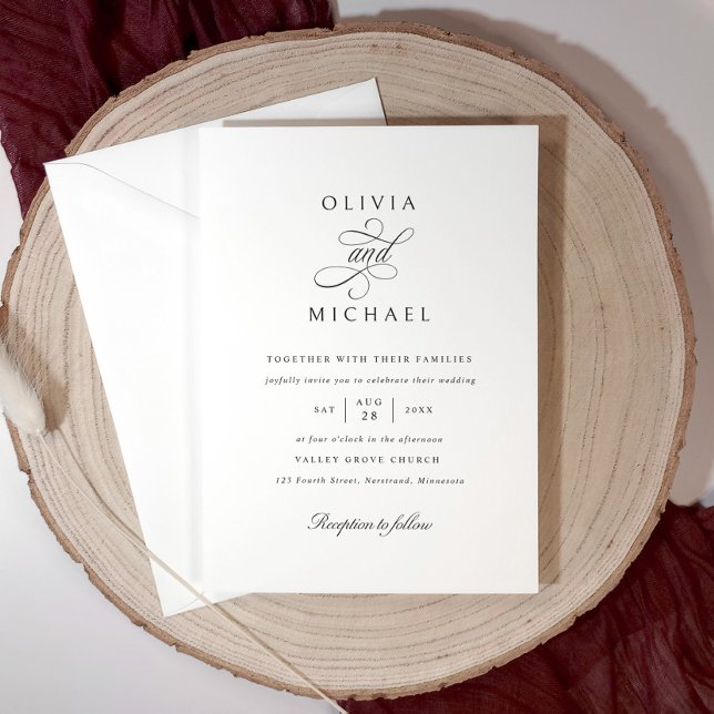 Invitation Mariage Calligraphié Classique Élégant Simple (Simple black and white wedding invitation with elegant classic calligraphy script.)