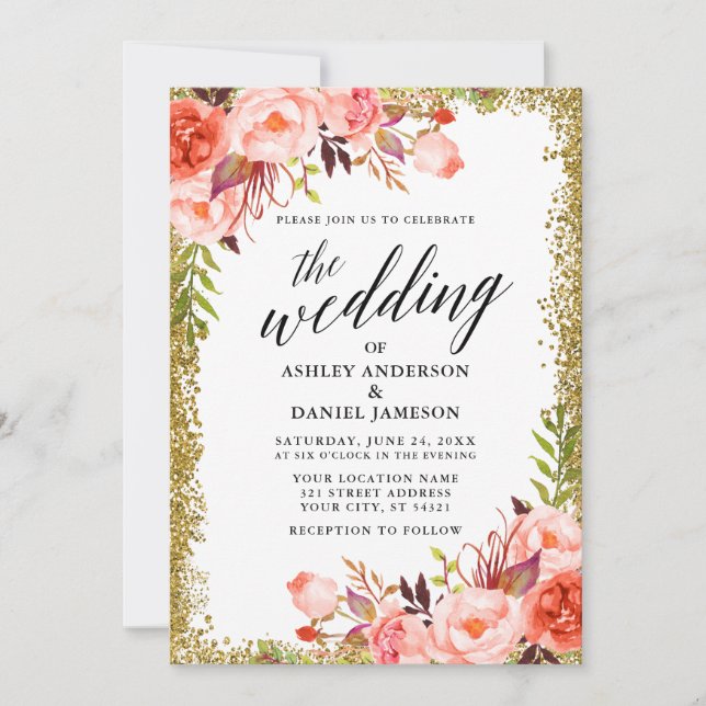 Invitation Mariage calligraphie Coral Floral Parties scintill (Devant)