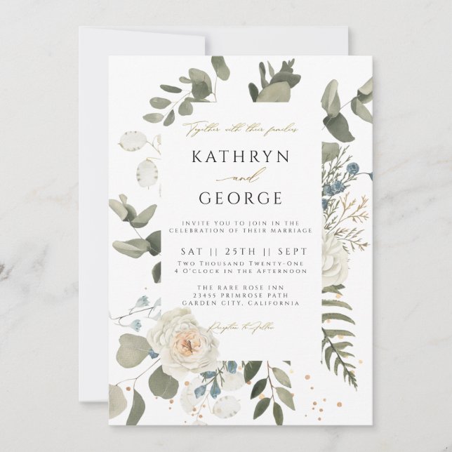 Invitation Mariage Calligraphie Dorée Floral Botanique Verdur (Devant)