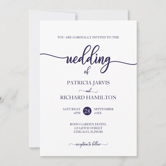 Invitation Mariage Calligraphié Élégant Bleu Nuit (Devant)