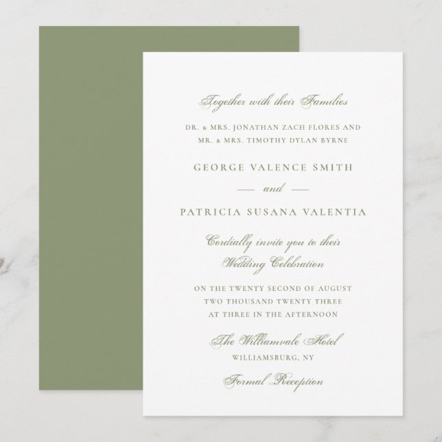Invitation Mariage Calligraphié Élégant en Vert Mousse (Devant / Derrière)