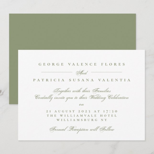 Invitation Mariage calligraphié formel vert mousse (Devant / Derrière)