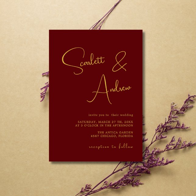 Invitation Mariage calligraphié moderne minimal or burgundy (Créateur téléchargé)