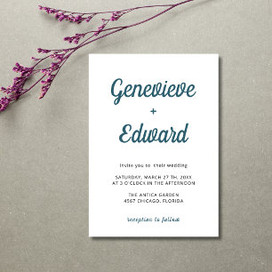 Invitation Mariage Calligraphie Moderne Minimaliste Bleu Paon