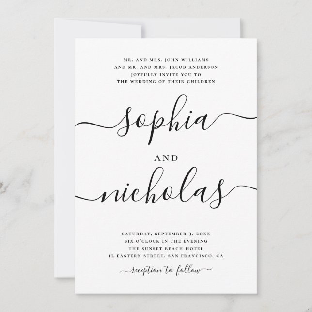 Invitation Mariage calligraphié moderne noir et blanc - Éléga (Devant)