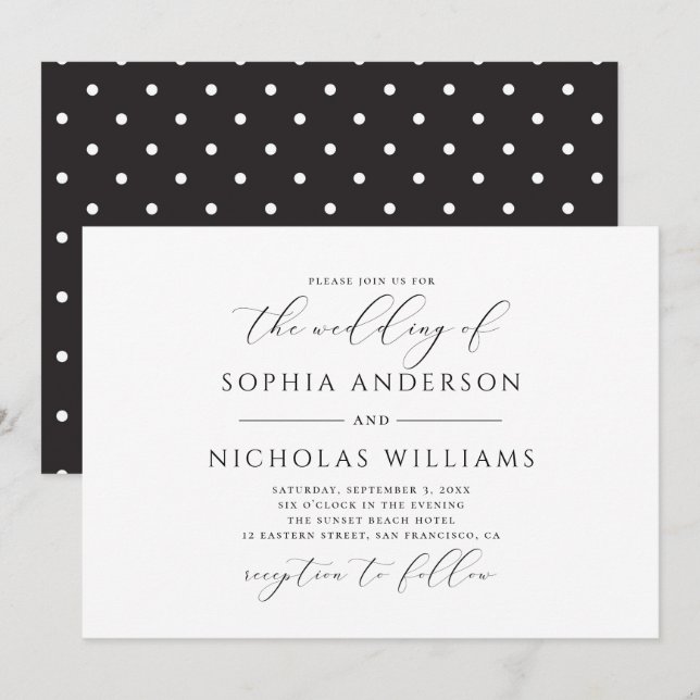 Invitation Mariage calligraphié noir et blanc. Points polka (Devant / Derrière)