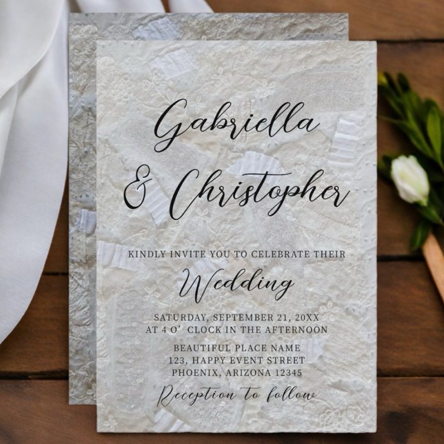 Invitation Mariage calligraphie noire motif crème blanche  (Créateur téléchargé)