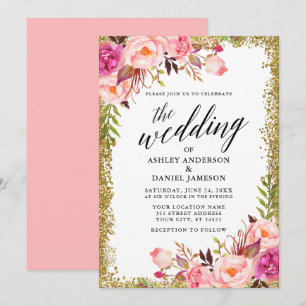 Invitation Mariage Calligraphie or Parties scintillant rose f