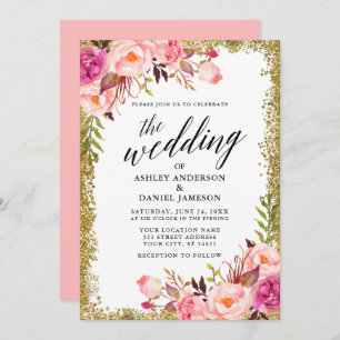 Invitation Mariage Calligraphie or Parties scintillant rose f