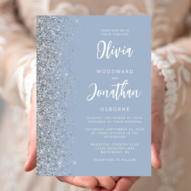 Invitation Mariage Calligraphie Paillettes Bleu Poussière Arg (Créateur téléchargé)