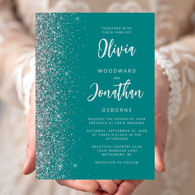 Invitation Mariage Calligraphie Paillettes Bleu Turquoise Arg (Créateur téléchargé)