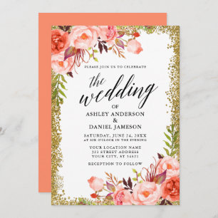 Invitation Mariage Calligraphie Parties scintillant or Coral 