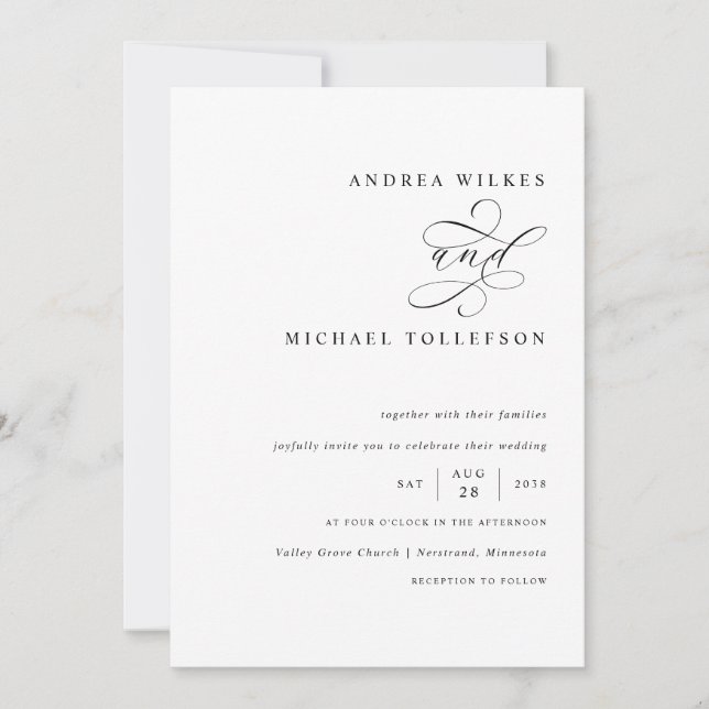Invitation Mariage calligraphié romantique noir et blanc (Devant)