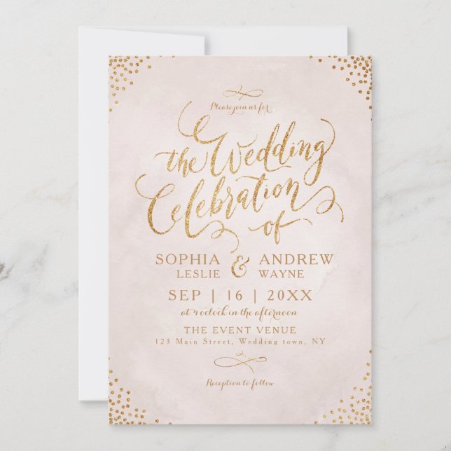 Invitation Mariage calligraphié rose gold pailleté blush glam (Devant)