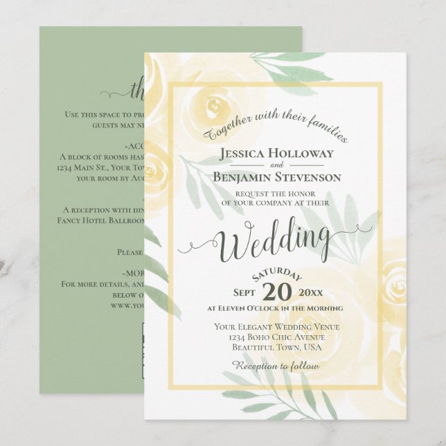 Invitation Mariage calligraphié Roses Boho Jaunes & Code QR (Devant / Derrière)