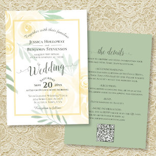 Invitation Mariage calligraphié Roses Boho Jaunes & Code QR