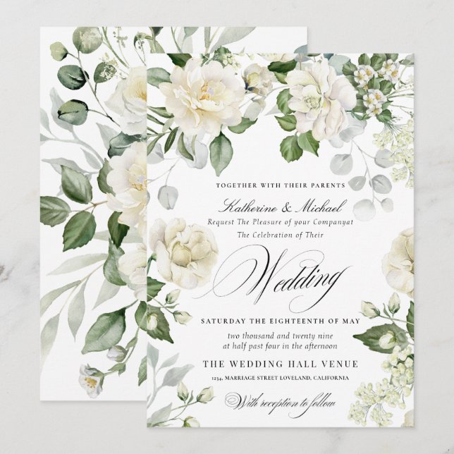 Invitation Mariage calligraphié script floral eucalyptus crém (Devant / Derrière)