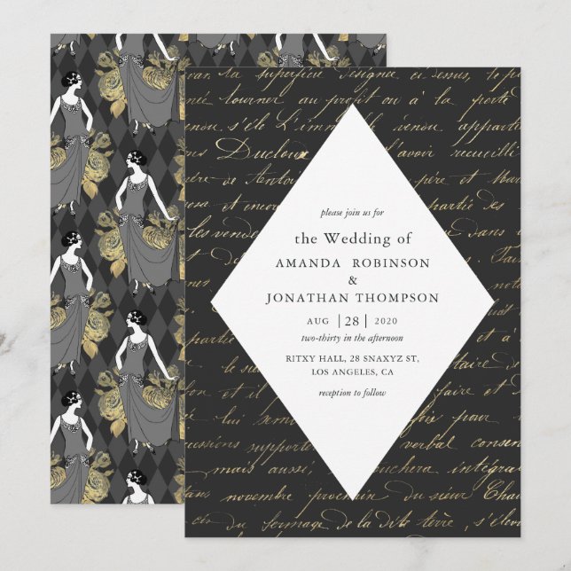 Invitation Mariage calligraphié sur le thème de Paris en noir (Devant / Derrière)