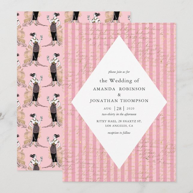 Invitation Mariage calligraphié sur le thème de Paris rose et (Devant / Derrière)